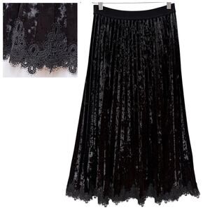 Kobi Halperin Black Crushed Velvet Pleated Midi Skirt Lace Hem Gothic Romantic S